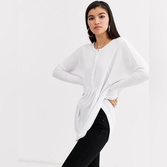 Free People Leo Henley White Waffle Knit Flowy Long Sleeve Top size small - Picture 2 of 7